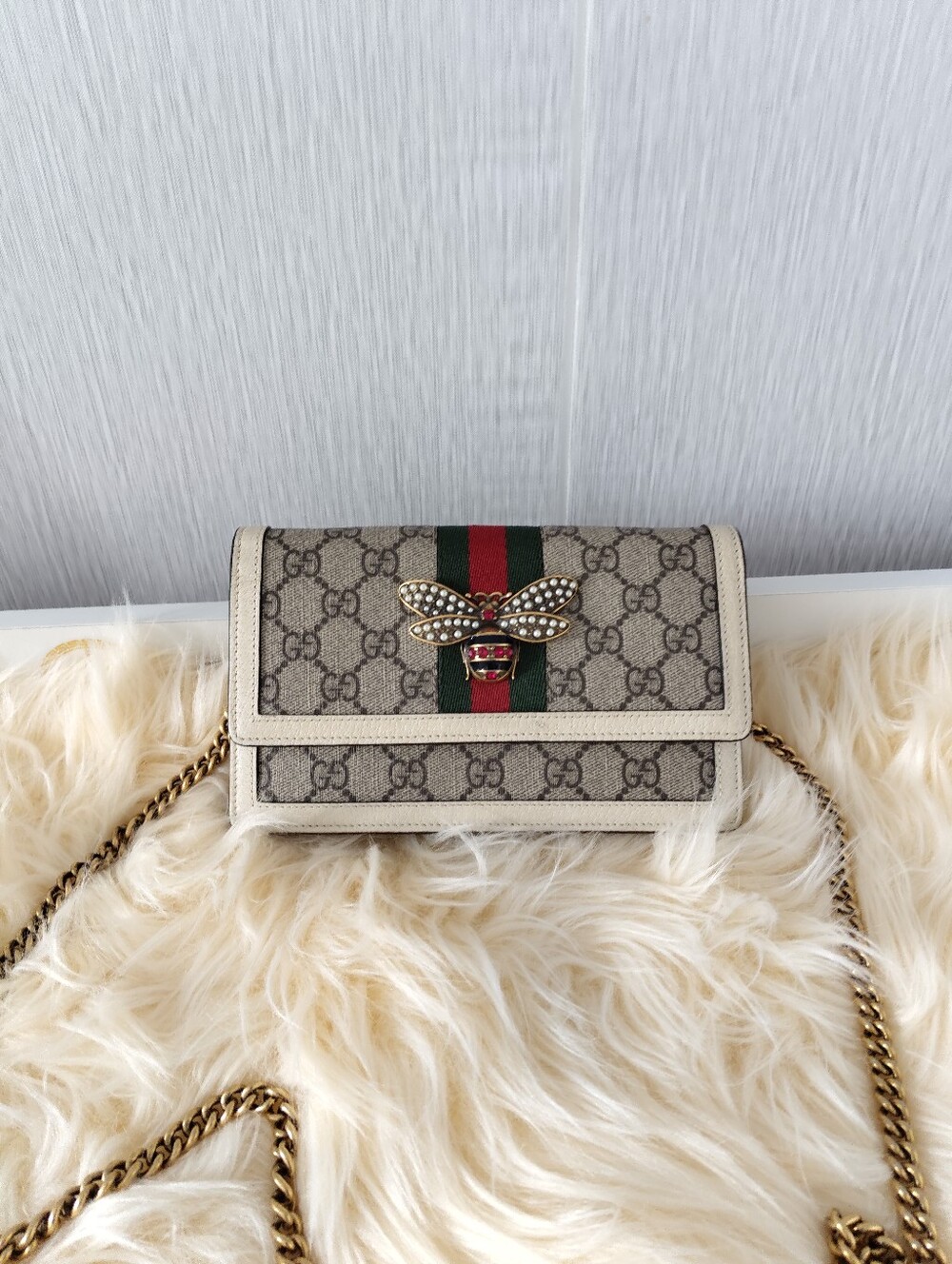Gucci Designer Beige Monogram Crossbody Bag with Bee Accent